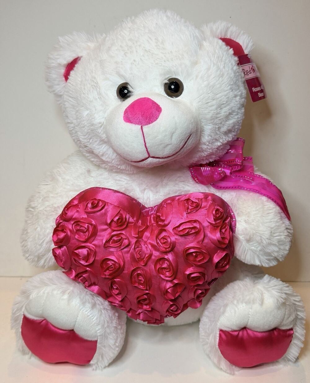 NWT Large 18" Plush Valentine Red & Pink Roses 4U White Teddy Bear Plush Love